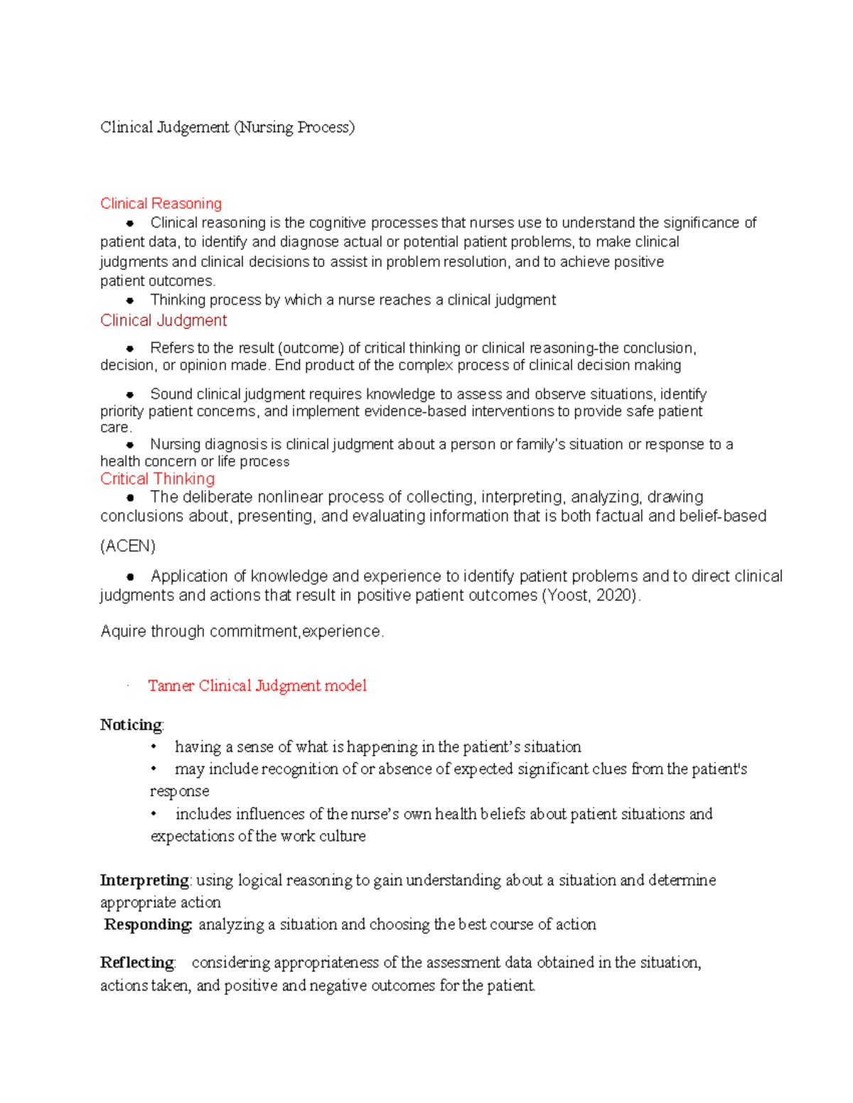 Nsg 130 - Notes - Clinical Judgement (Nursing Process) Clinical ...