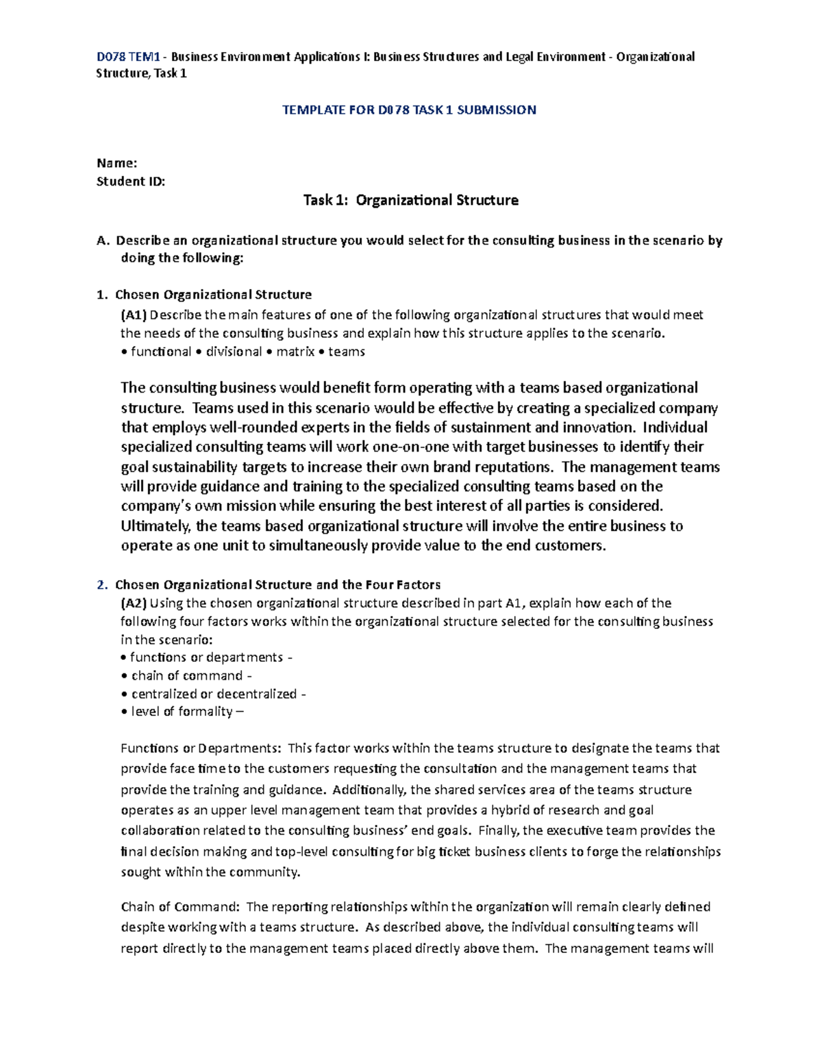 D078 Task 1: Organizational Structure - D078 TEM1 - Business ...