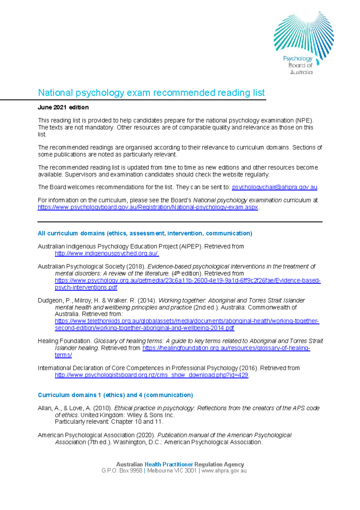 Psychology Board Reading List National Psychology Examination