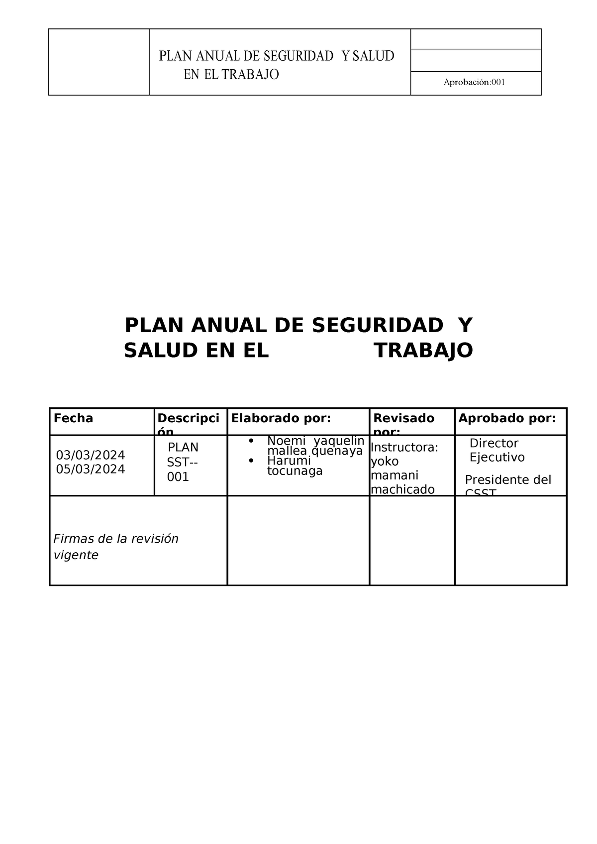 PLAN Anual De Seguridad Y Salud En El Trabajo - EN EL TR ABA JO Aprob A ...