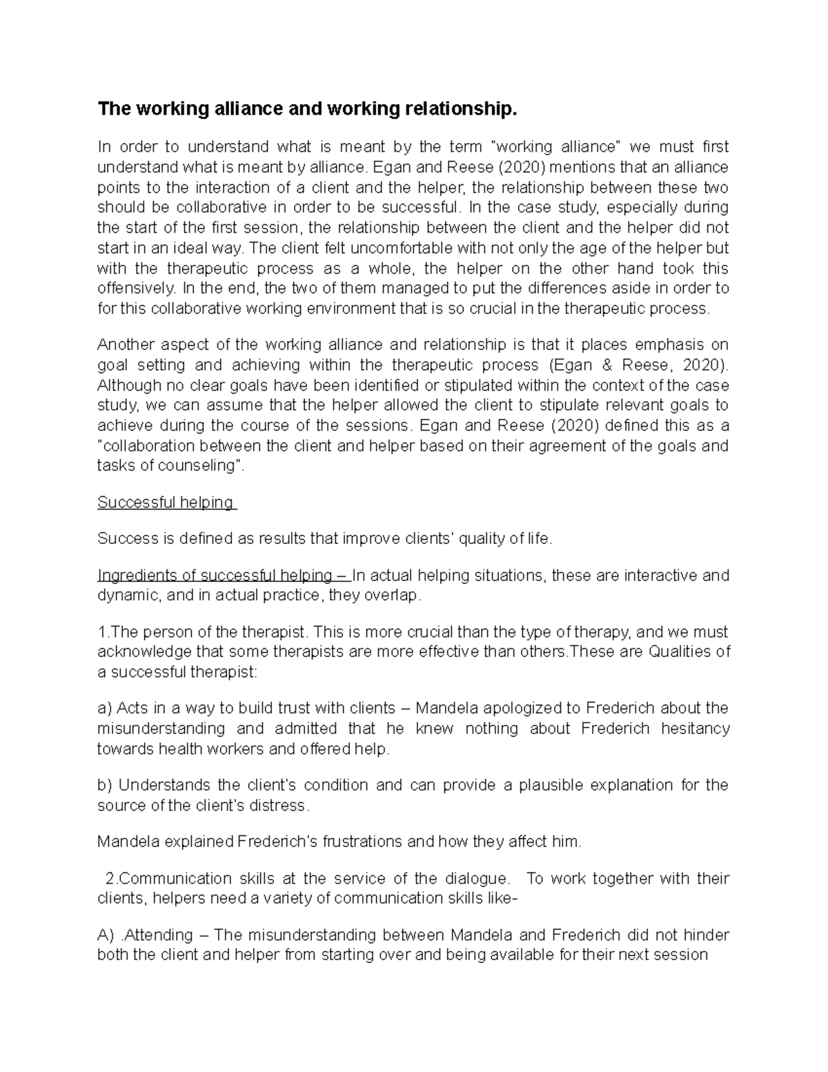 -psyc 321 Group - Assignment - The working alliance and working ...