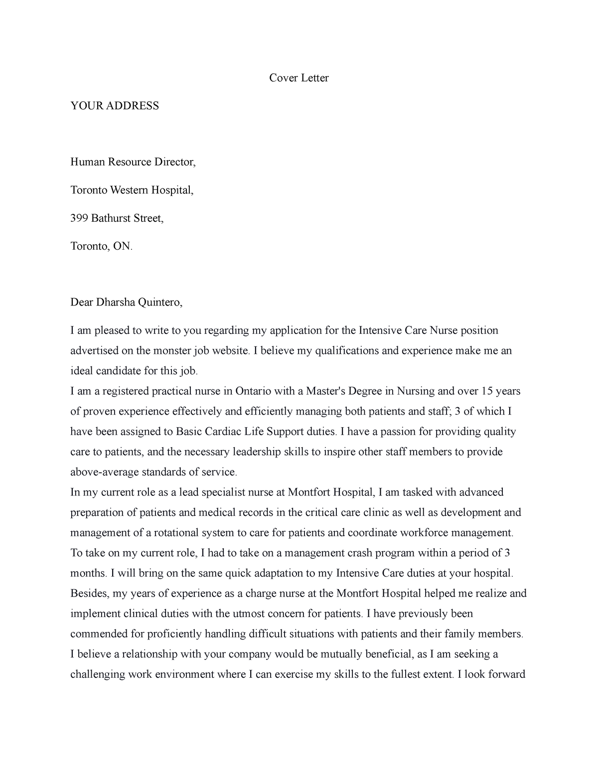 Cover Letter - Useful study material - Cover Letter YOUR ADDRESS Human ...