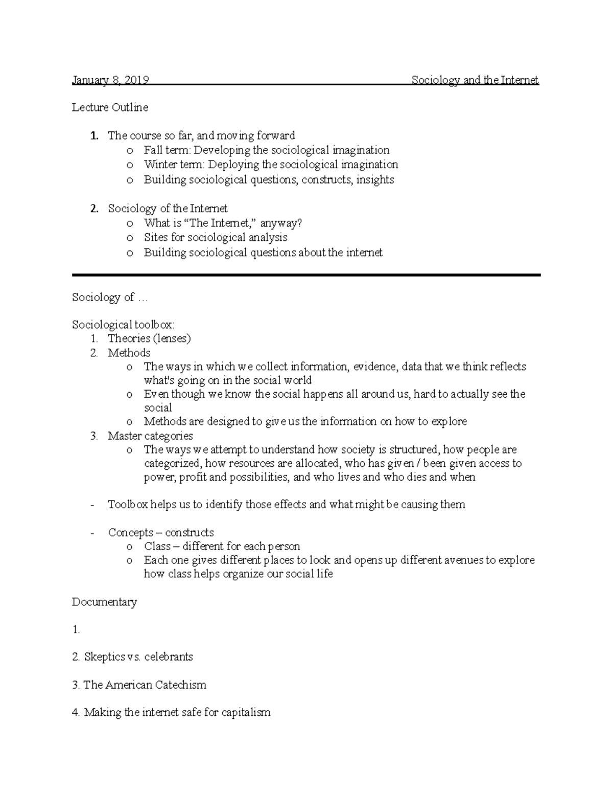 SOCI 1020 Week 1 Lecture Notes - January 8, 2019 Sociology and the ...