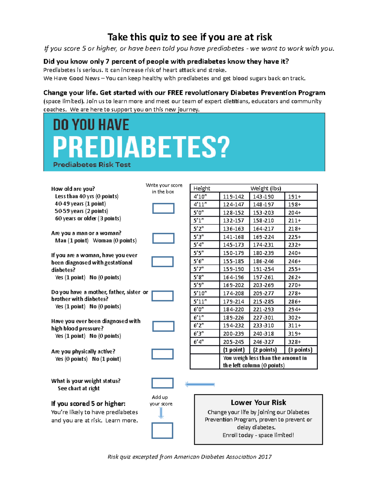 Diabetes Prevention Screening Form Take this quiz to see if you are