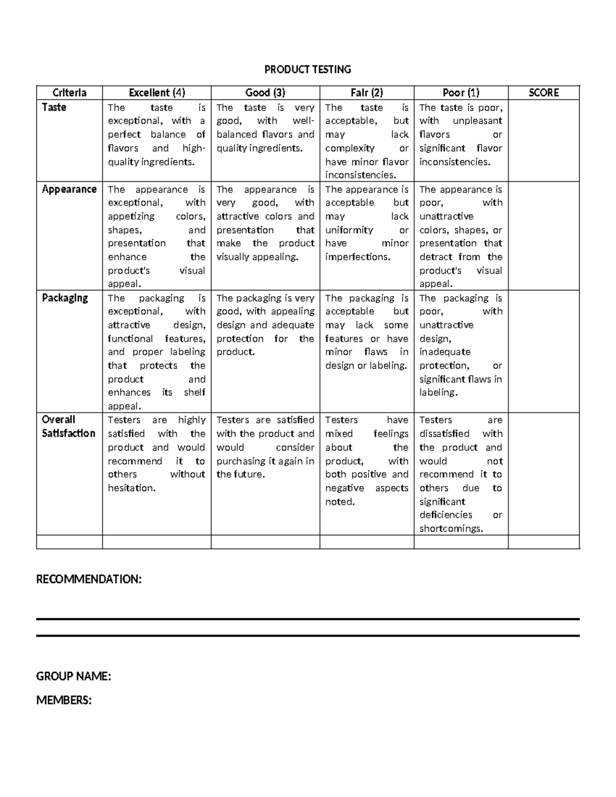 Rubrics Product Testing - PRODUCT TESTING Criteria Excellent (4) Good ...