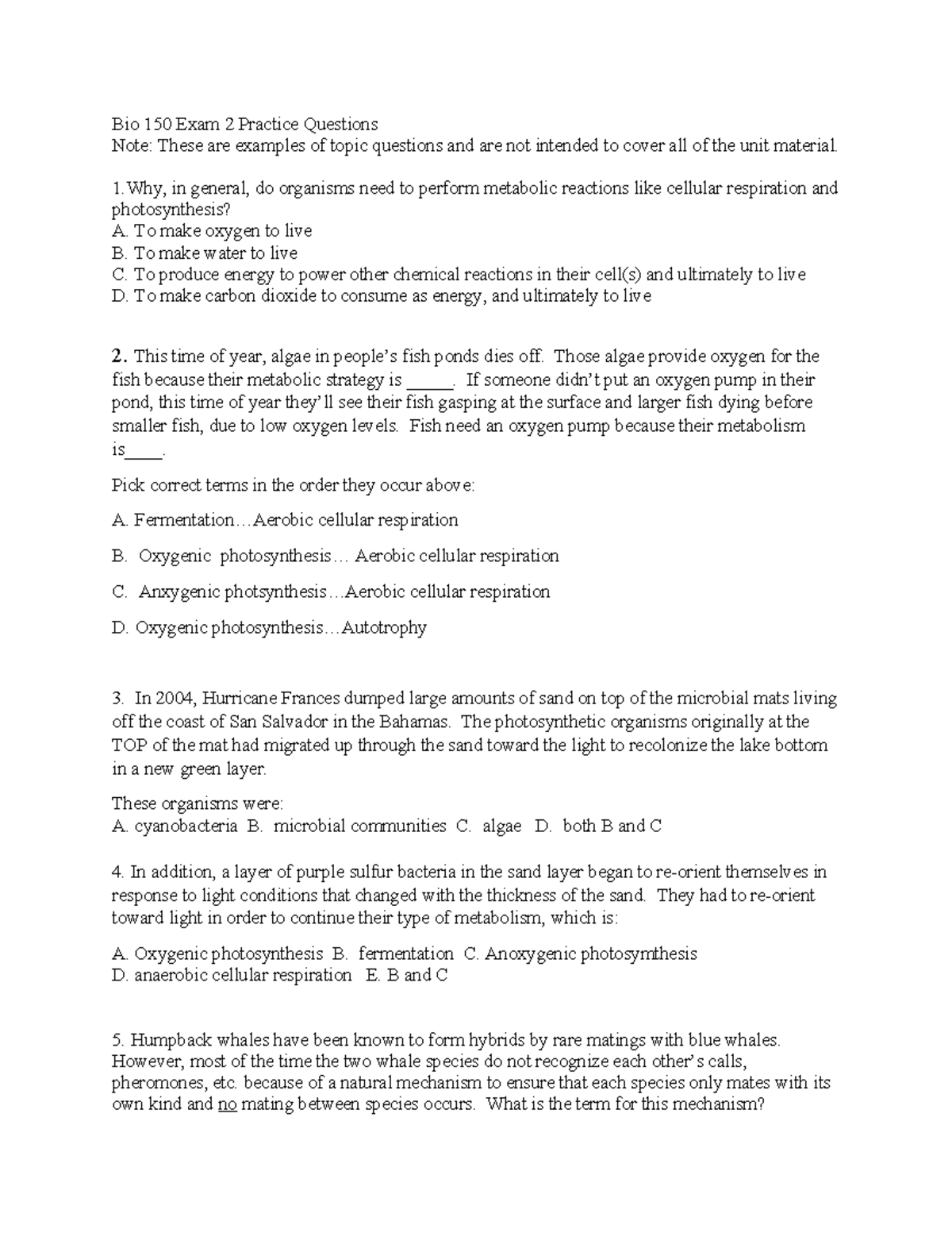 Bio 150 Exam 2 Practice Questions Sp23 - Bio 150 Exam 2 Practice 