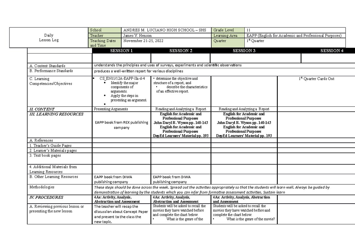 DLL-EAPP-November 13-18, 2022 - Daily Lesson Log School ANDRES M ...