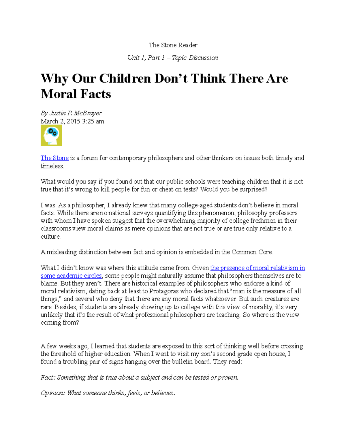 Unit 2, Part 1 Mc Brayer (Moral Facts) The Stone Reader Unit 1