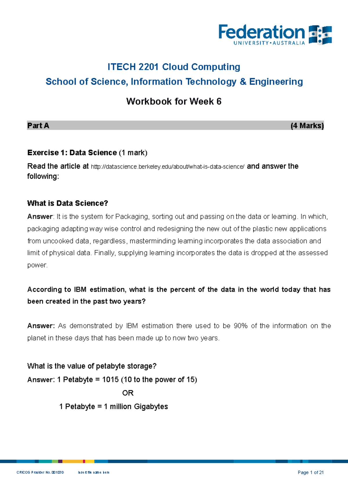 Assignment 1 - Cloud Computing Workbook - ITECH 2201 Cloud Computing ...