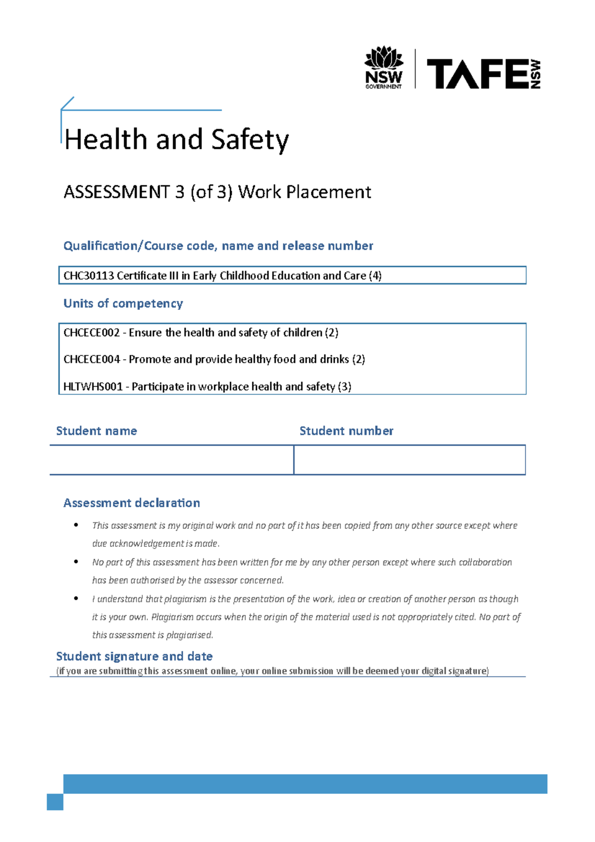 Cl Health Safety A 3 of3 V1 - Health and Safety ASSESSMENT 3 (of 3 ...