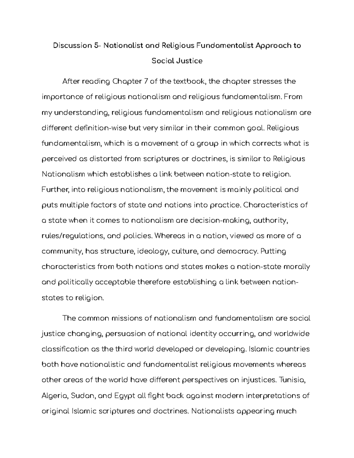 Discussion 5 From My Understanding Religious Fundamentalism And