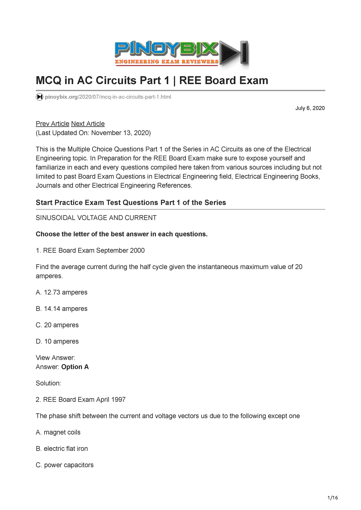 Pinoybix.org-MCQ In AC Circuits Part 1 REE Board Exam - July 6, 2020 ...