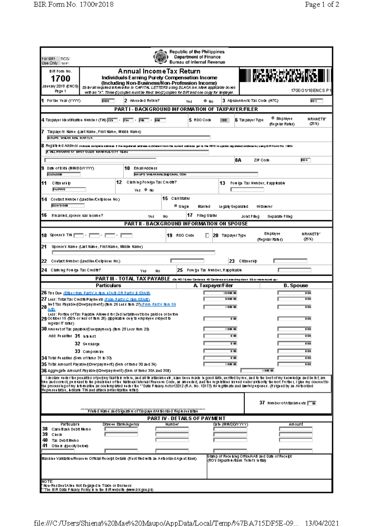 EBIR FORM INCOME TAX - BIR Form No. 1700 January 2018 (ENCS) Page 1 ...