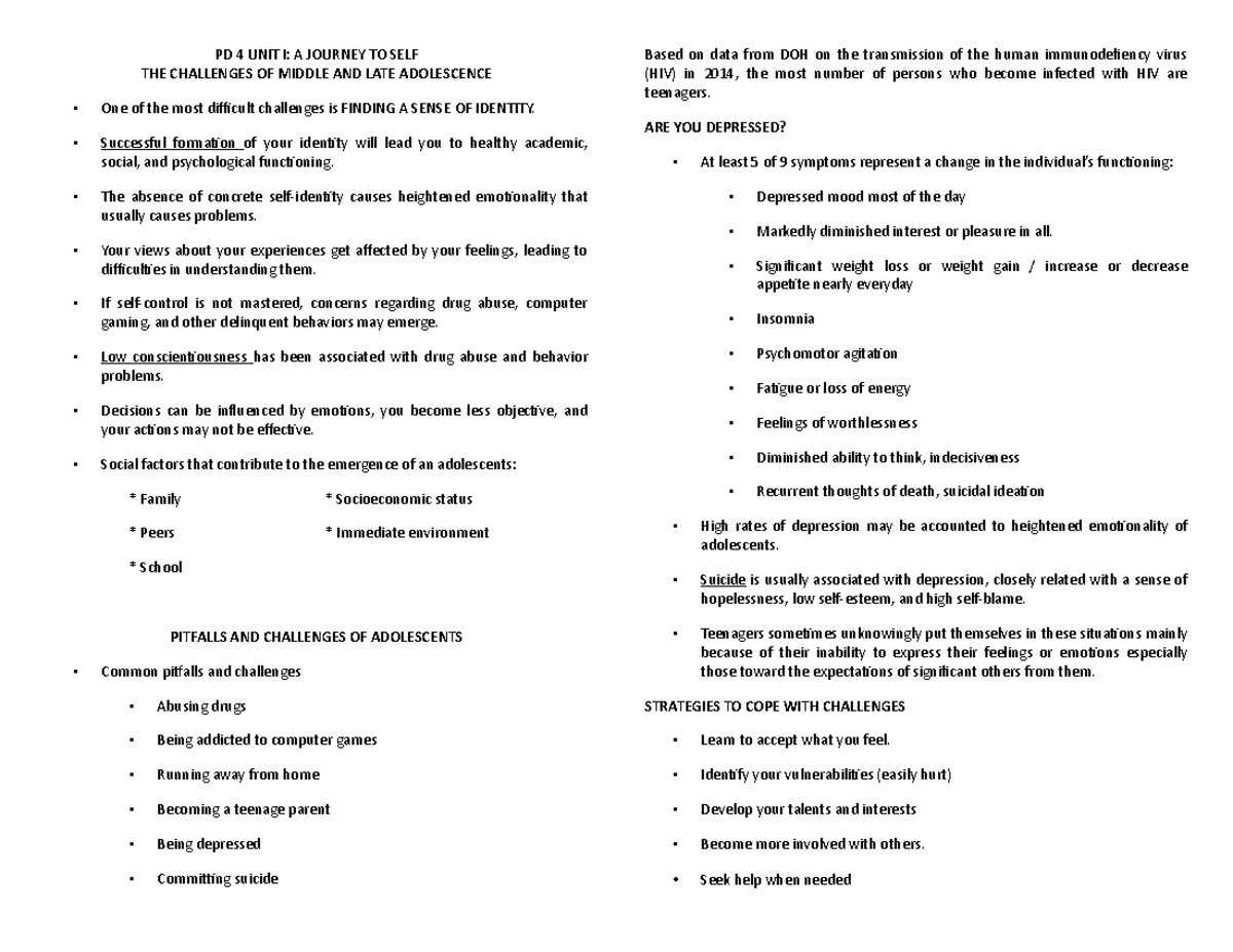 PD 4 THE Challenges OF Middle AND LATE Adolescnece - PD 4 UNIT I: A ...