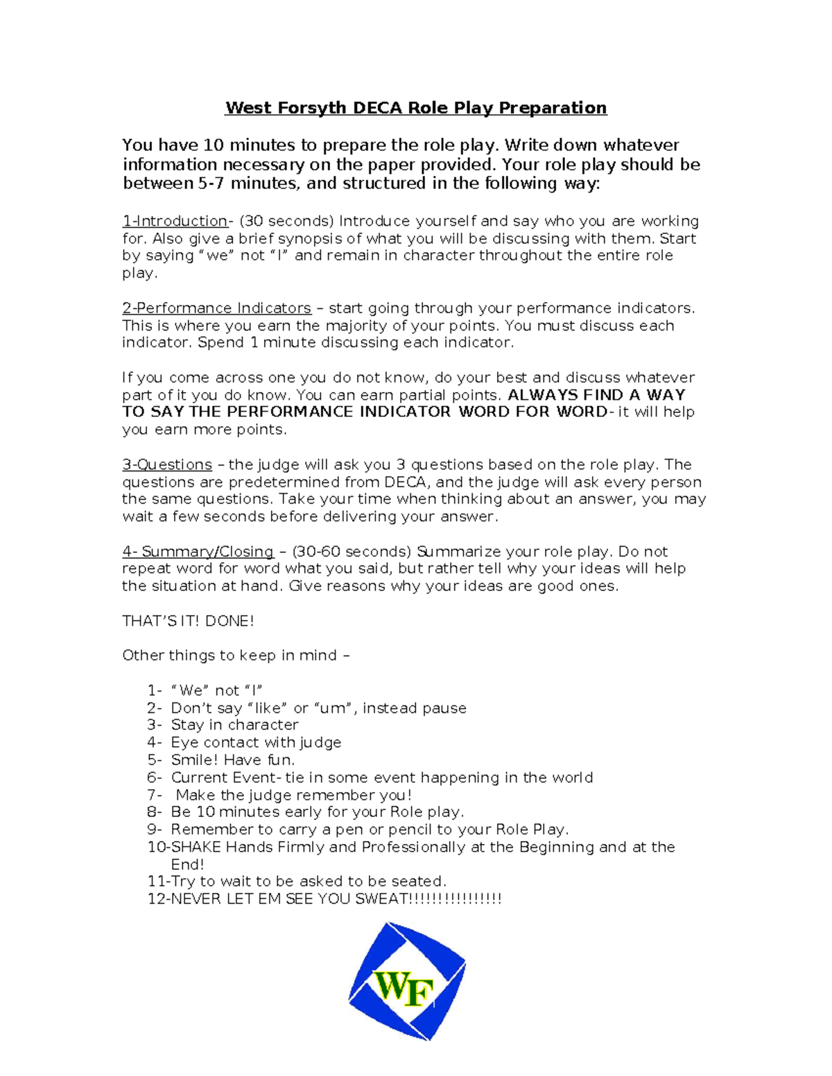 Deca role play preparation guidelines West Forsyth DECA Role Play