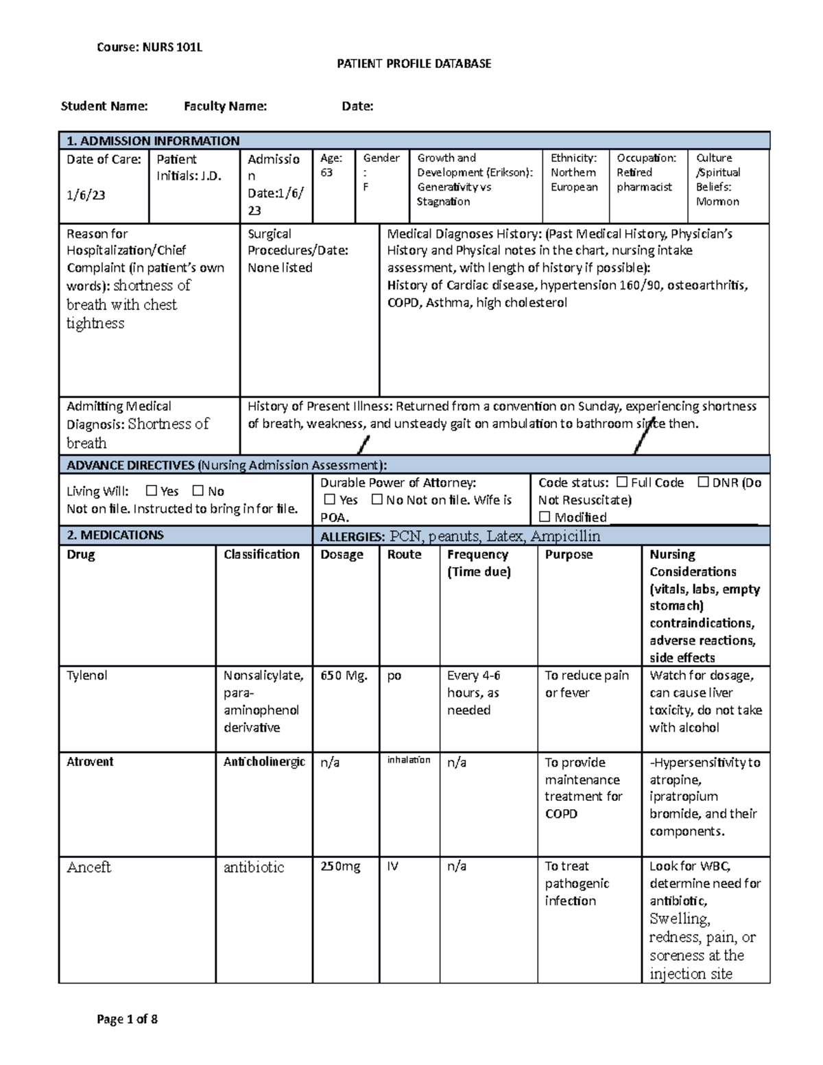 Npw 3 patient profile data - PATIENT PROFILE DATABASE Student Name ...