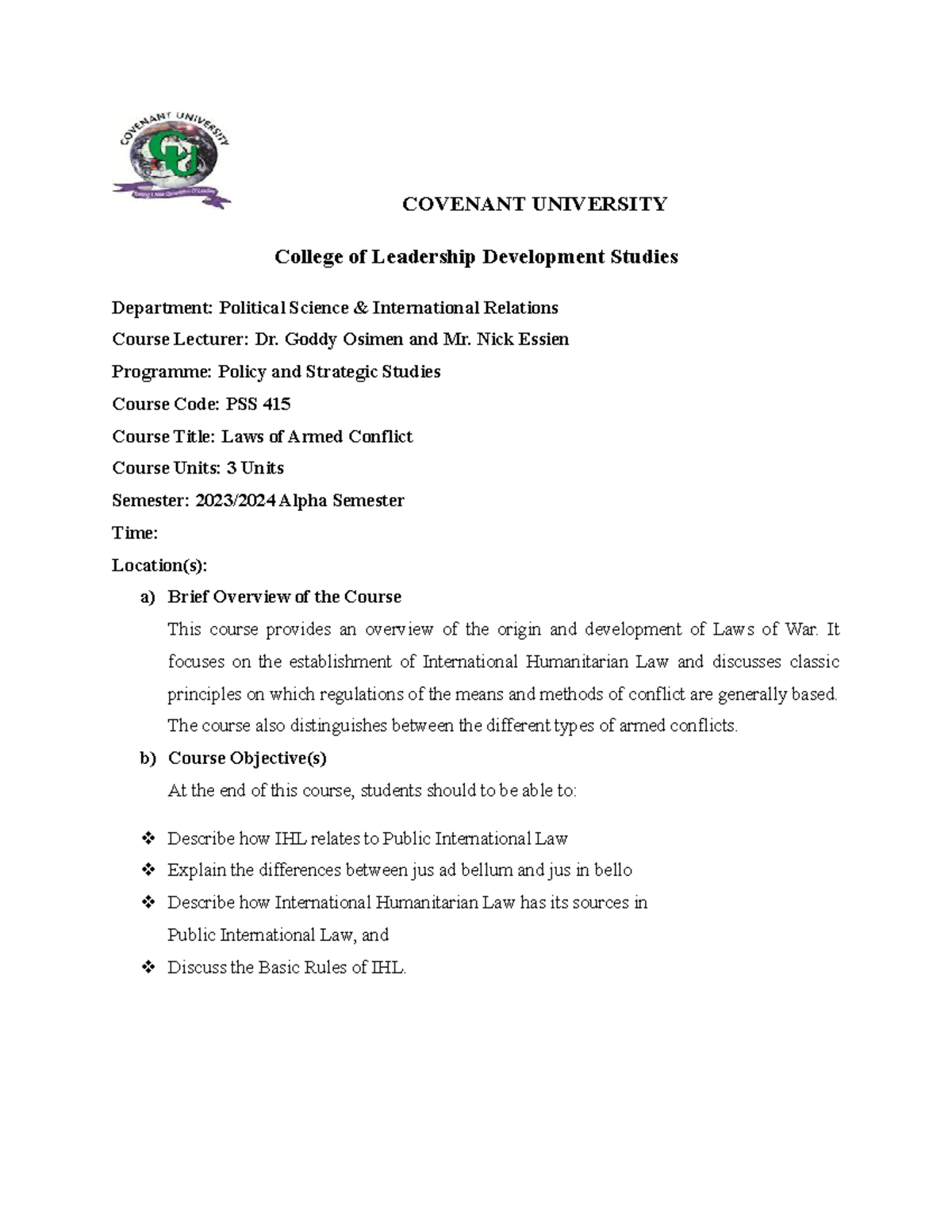 PSS 415 Course Compact 20232024 COVENANT UNIVERSITY College of