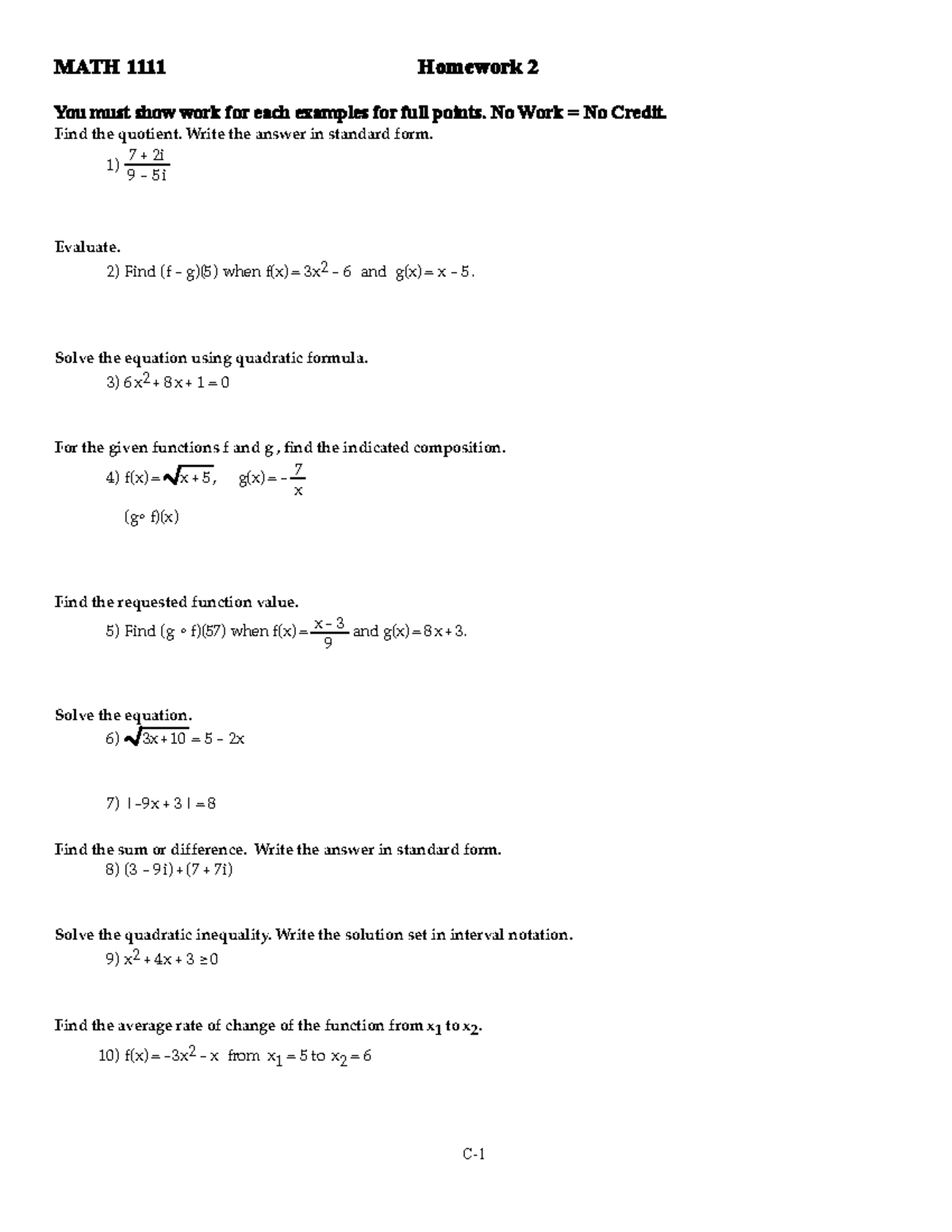 MATH 1111 - Homework 2 - MATH 1111 Homework 2 You must show work for ...