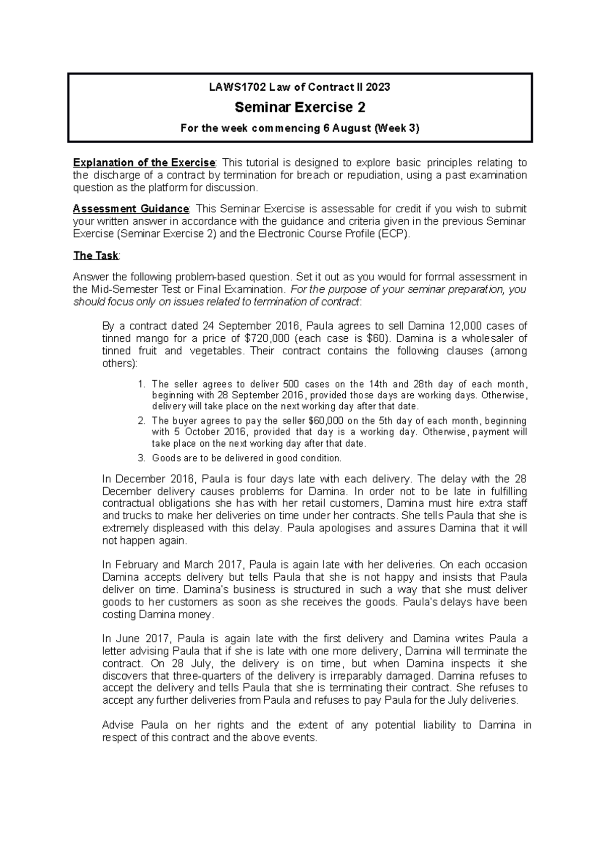 Seminar Exercise 2 - LAWS1702 Law of Contract II 2023 Seminar Exercise ...