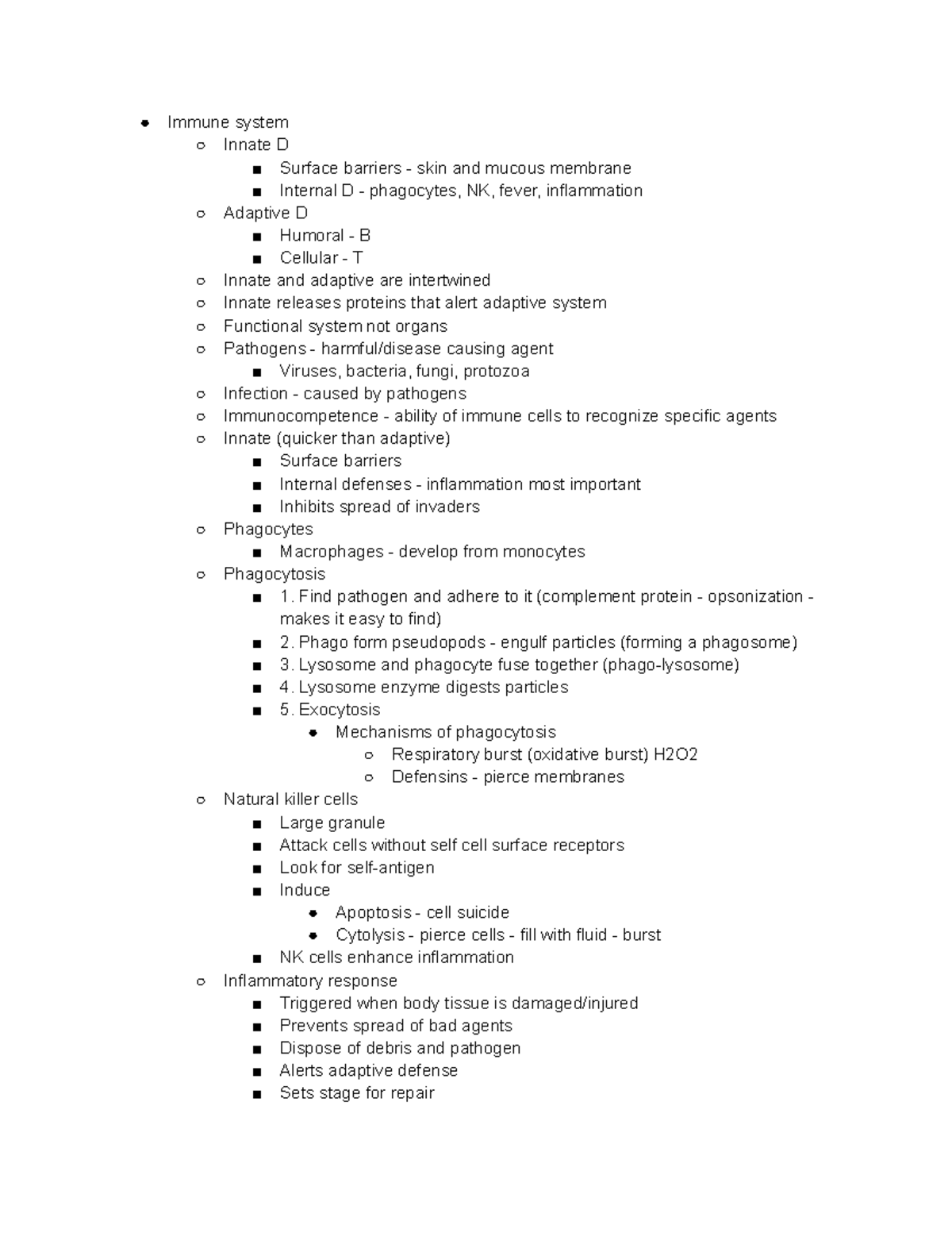 PTA 115 Lecture Notes 20 - Immune system Innate D Surface barriers ...