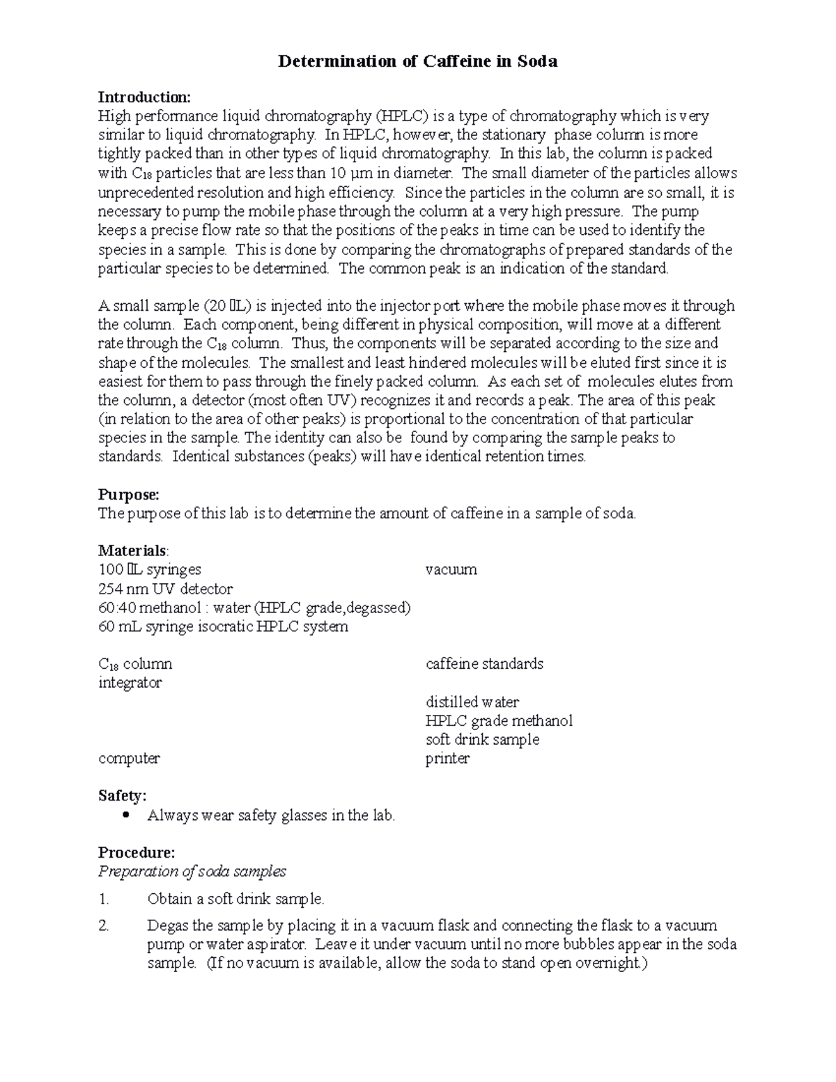 HPLC Determination of Caffeine in Soda - Determination of Caffeine in ...