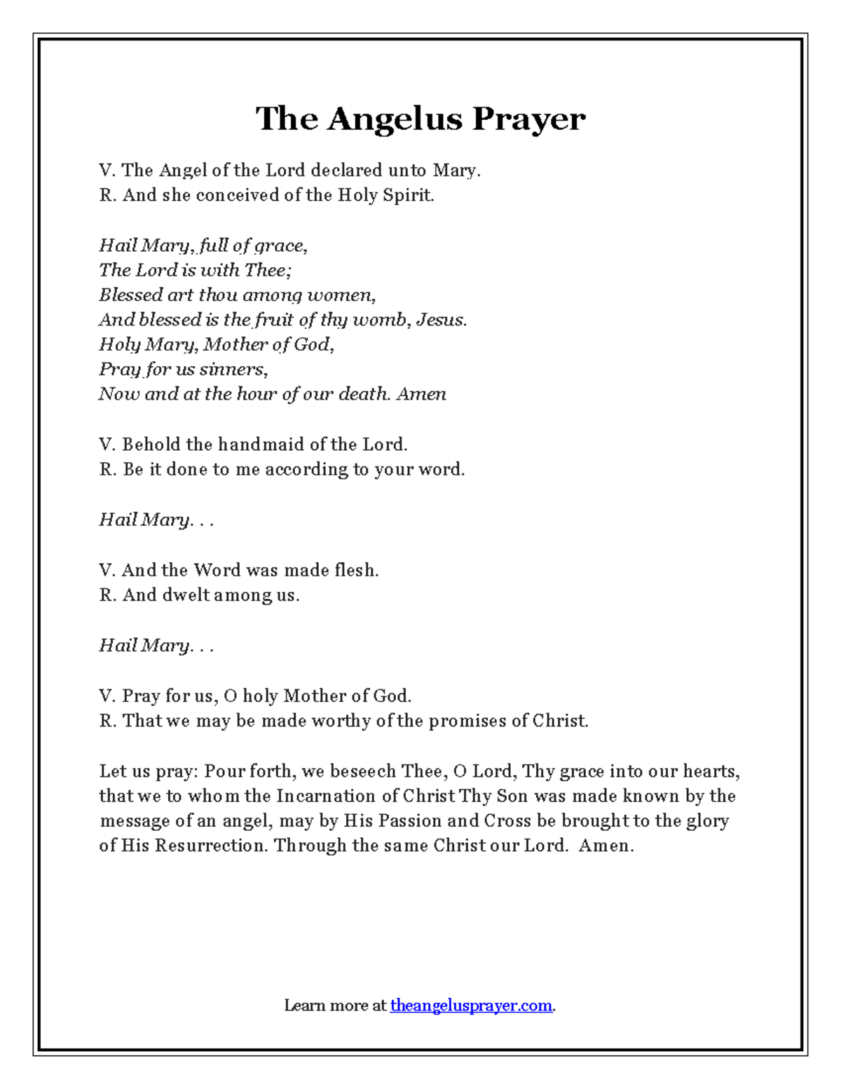 Angelus-prayer-handout - The Angelus Prayer V. The Angel of the Lord