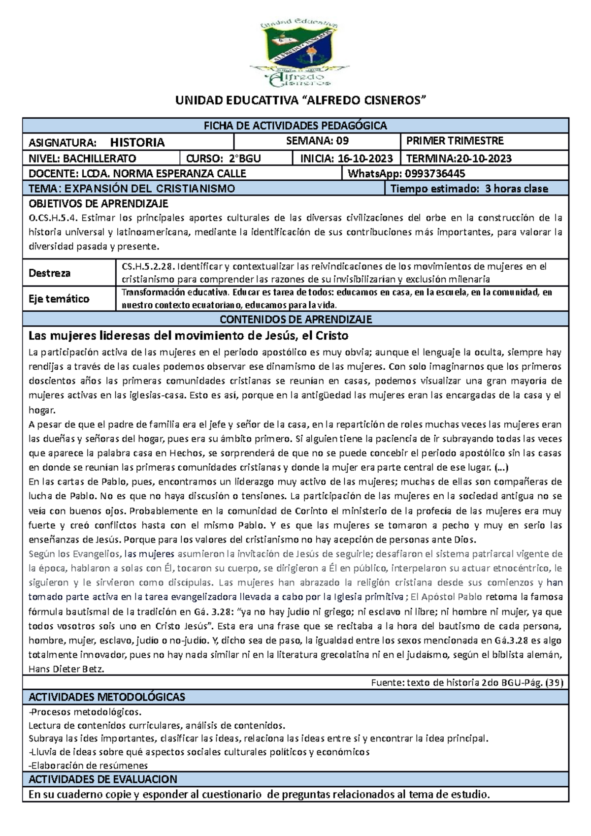 2°BGU Historia Semana 09 UNIDAD EDUCATTIVA “ALFREDO CISNEROS” FICHA