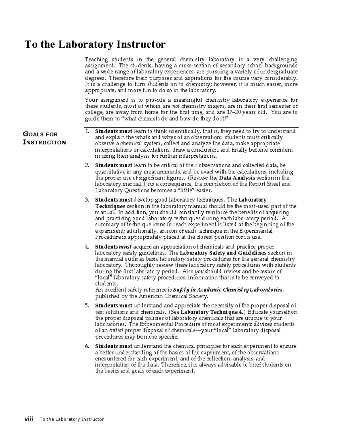 Laboratory instruction viii To the Laboratory Instructor To the