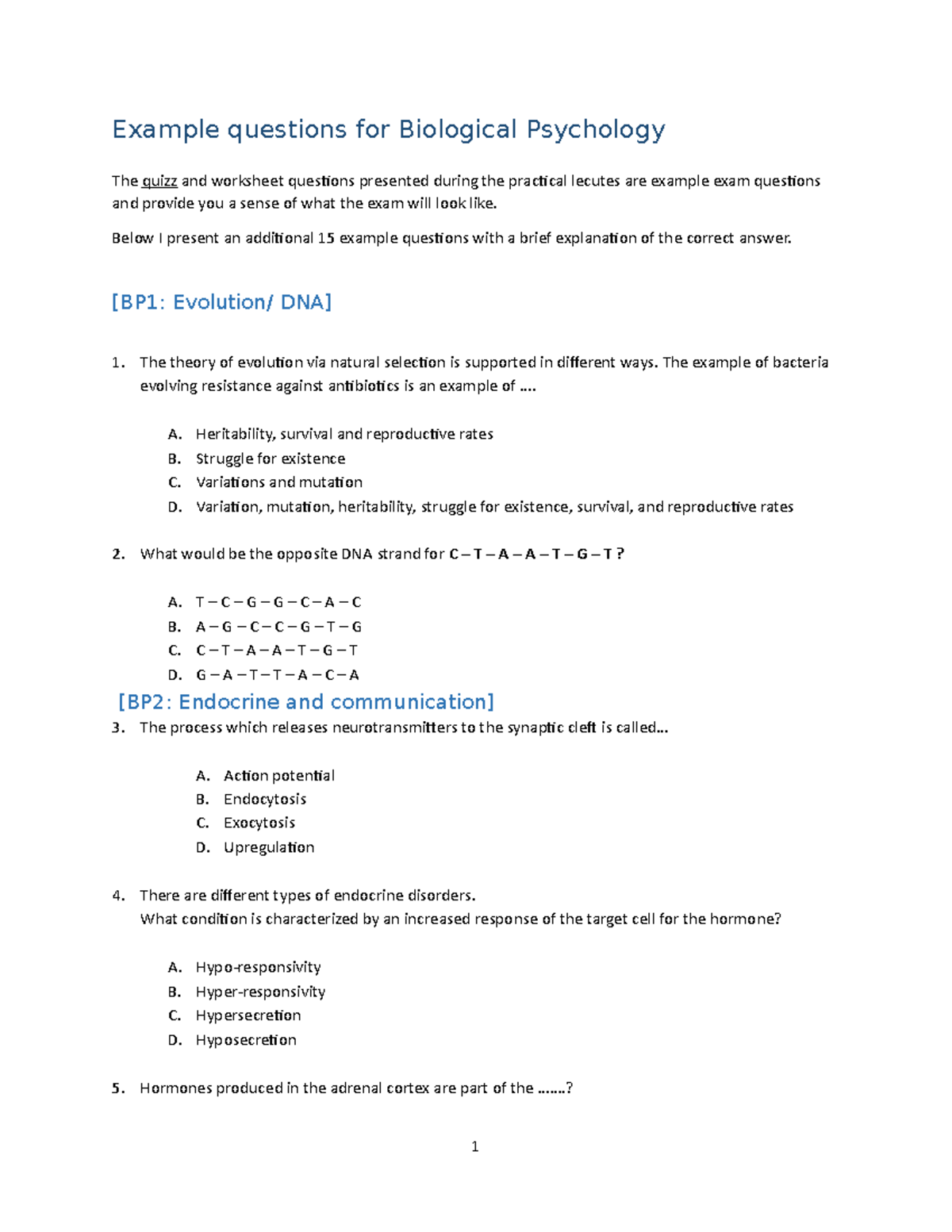 BB Oefententamenvragen - Example Questions For Biological Psychology ...