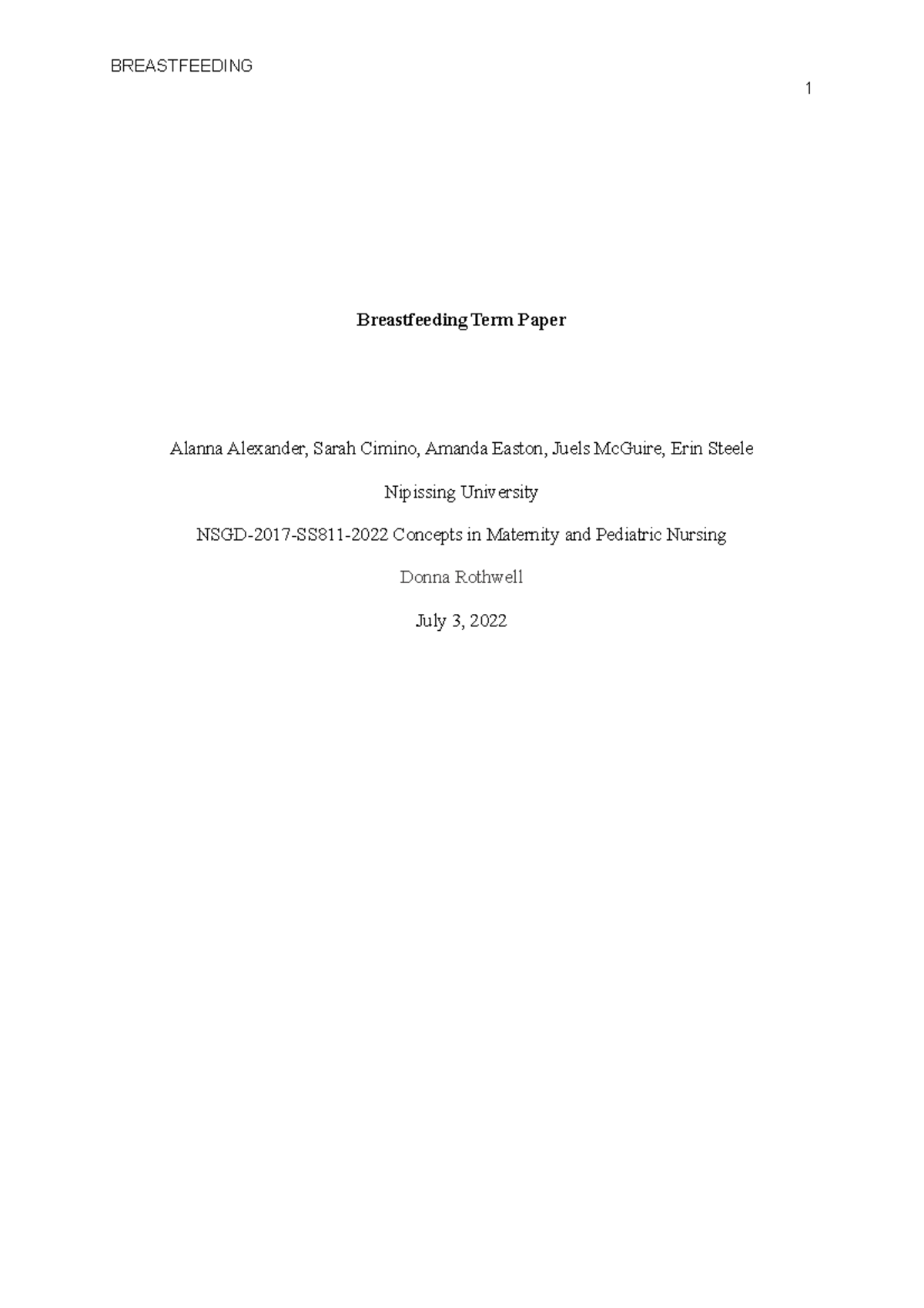 breastfeeding research paper titles