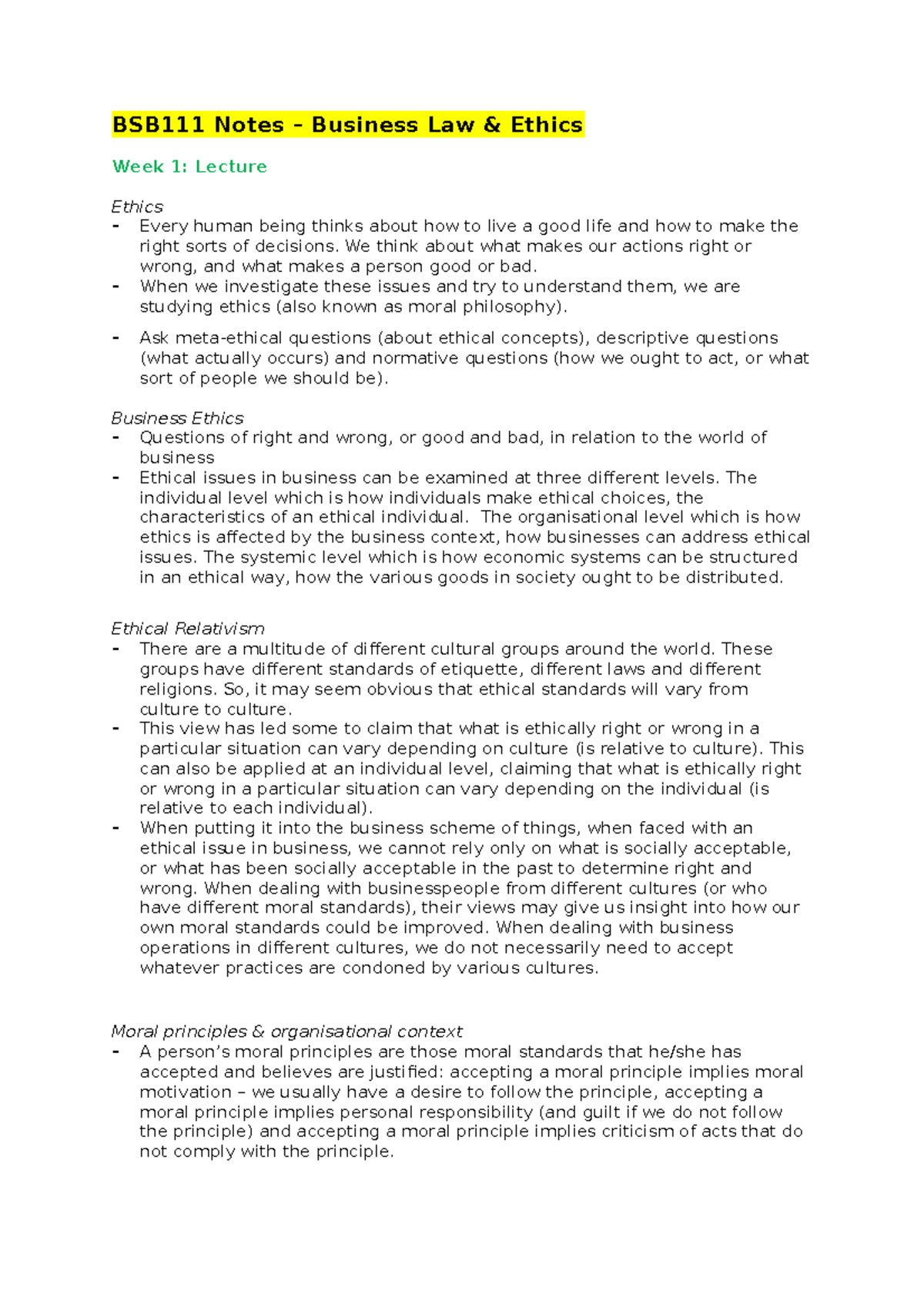 Weeks 1 -13 BSB111 Lecture Notes - BSB111 Notes – Business Law & Ethics ...