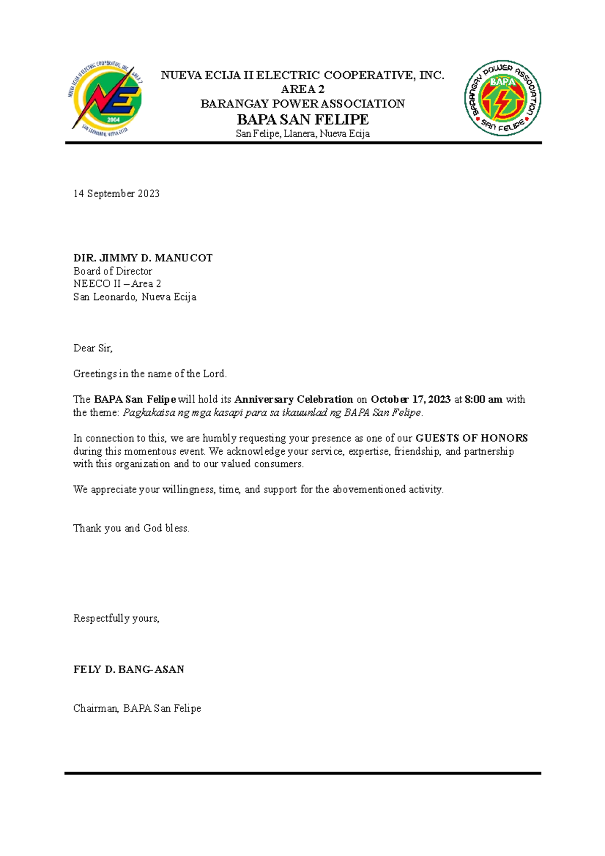 Request Letter Guests - 14 September 2023 DIR. JIMMY D. MANUCOT Board ...