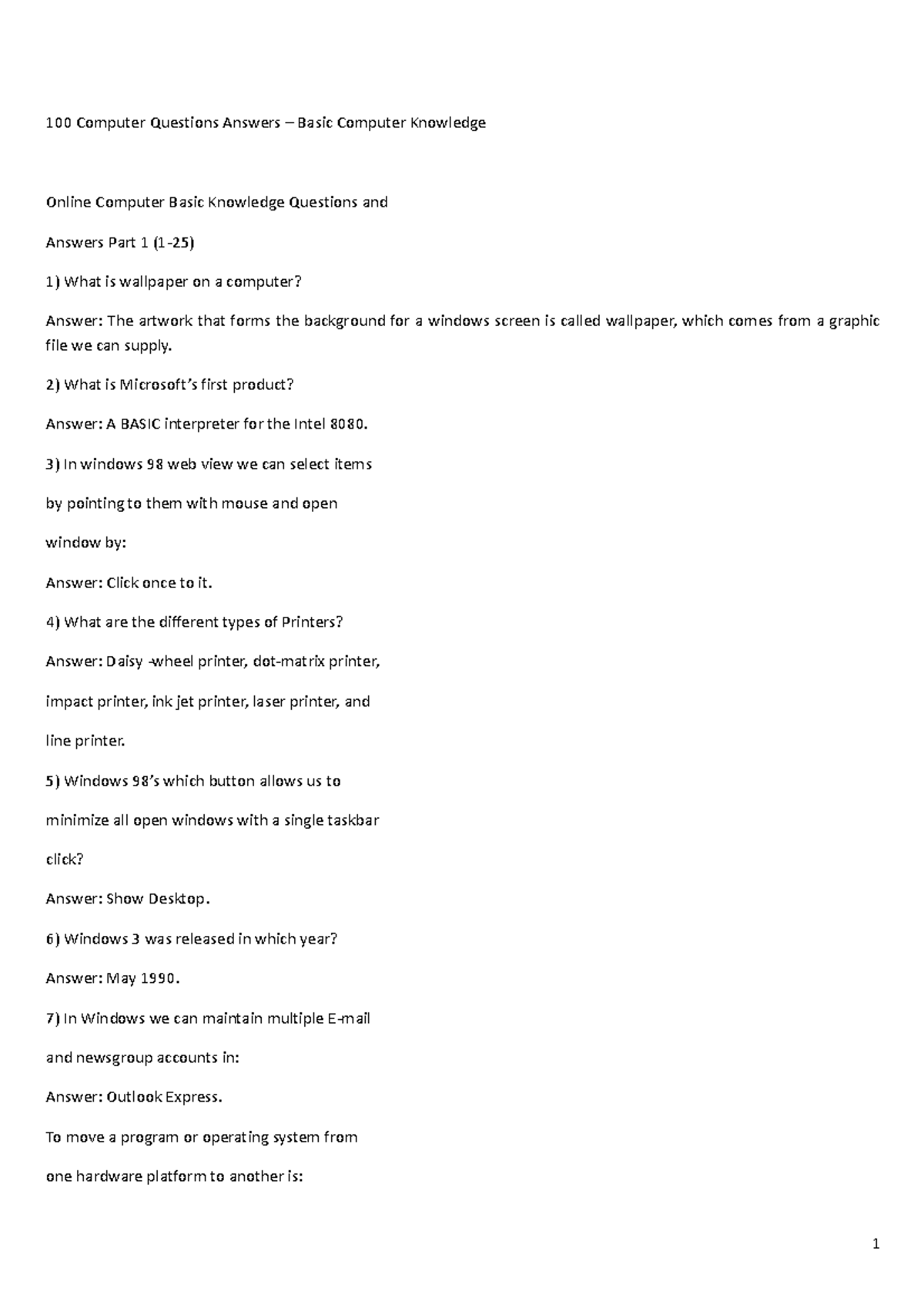 100 Computer Questions - 100 Computer Questions Answers – Basic ...