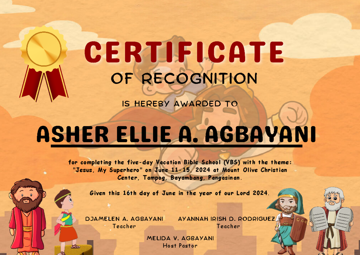 Daily Vacation Bible School Layout - IS HEREBY AWARDED TO for ...