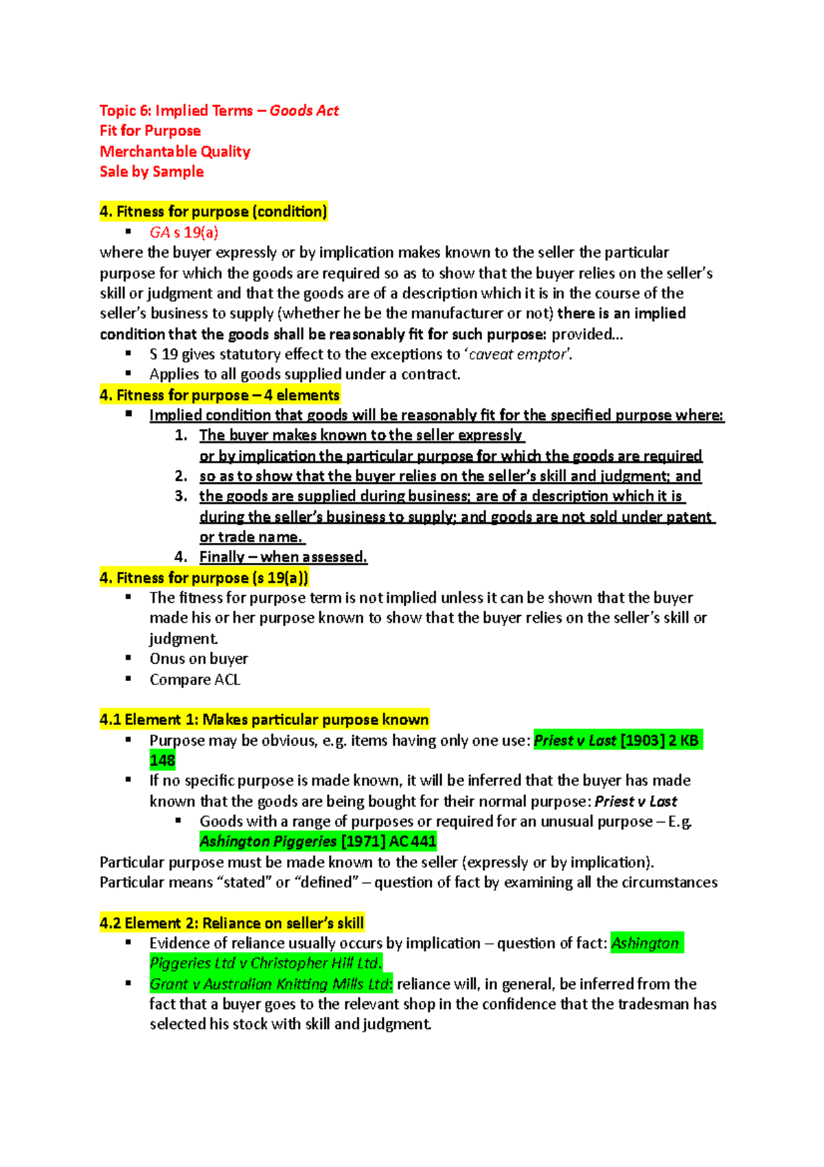 Week 6 Lect - Week 6 MLL215 Lecture Notes - Topic 6: Implied Terms ...