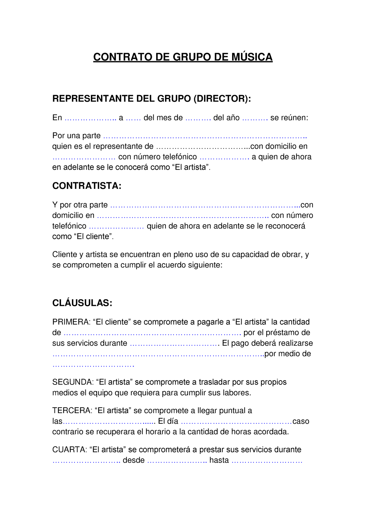 Contrato De Grupo De Música Of Contrato De Grupo De MÚsica Representante Del Grupo Director 5163