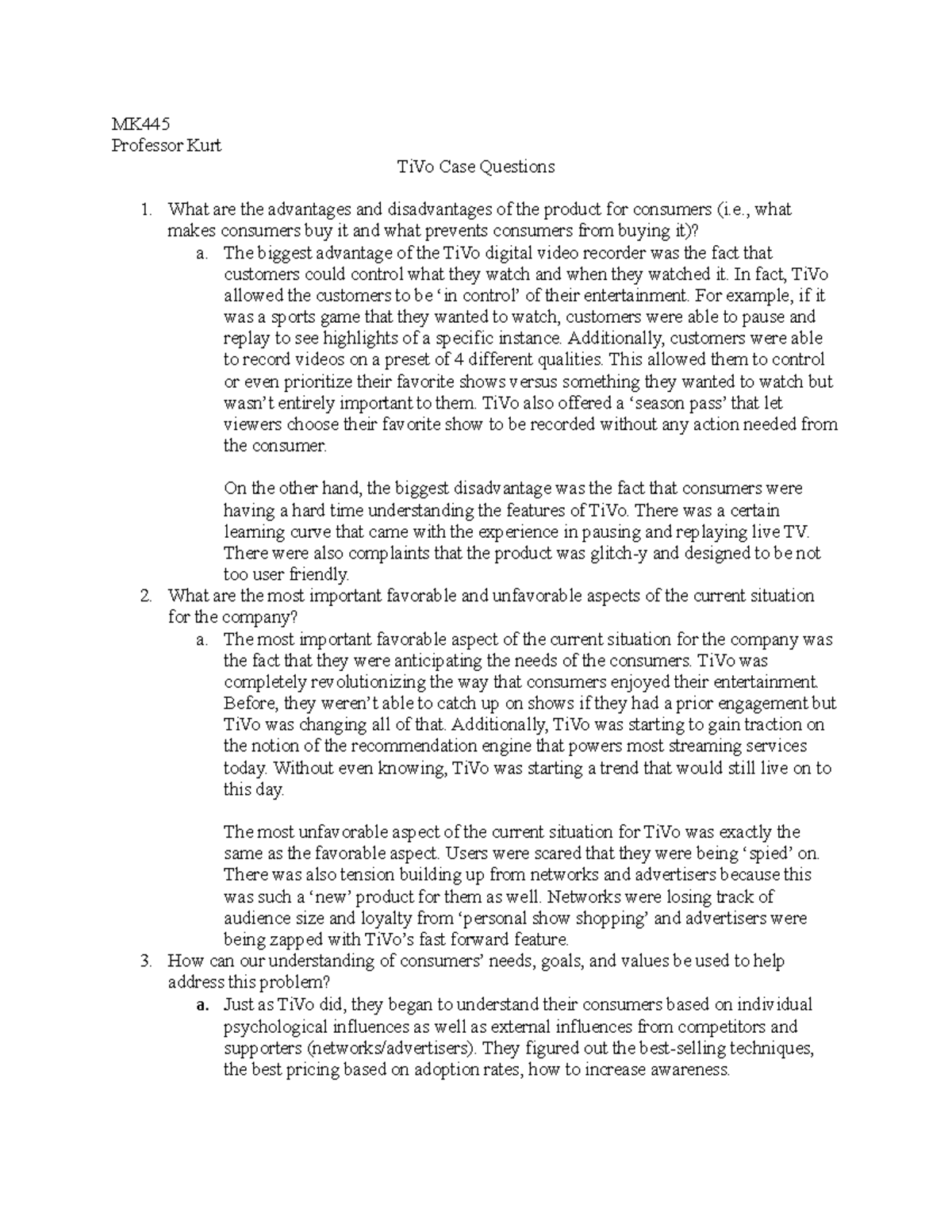 MK445 Tivo Case Questions MK Professor Kurt TiVo Case Questions What