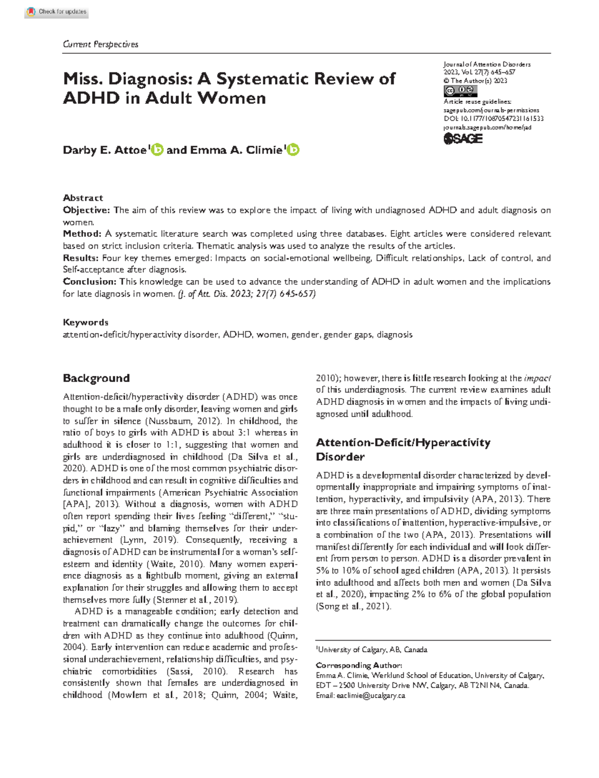 Miss. Diagnosis A Systematic Review of ADHD in Adult Women - doi/10. ...