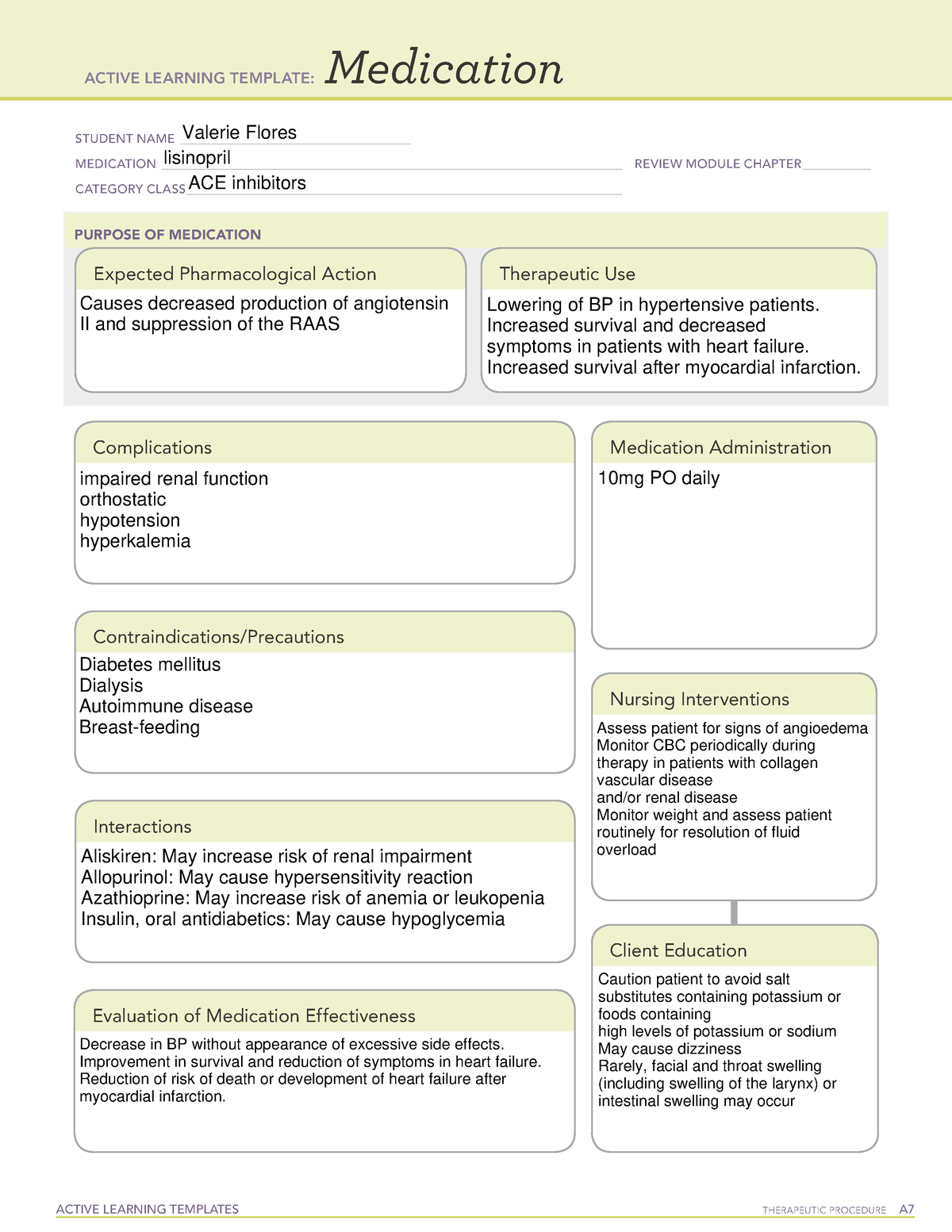 ATI MED FORM lisinopril ACTIVE LEARNING TEMPLATES THERAPEUTIC