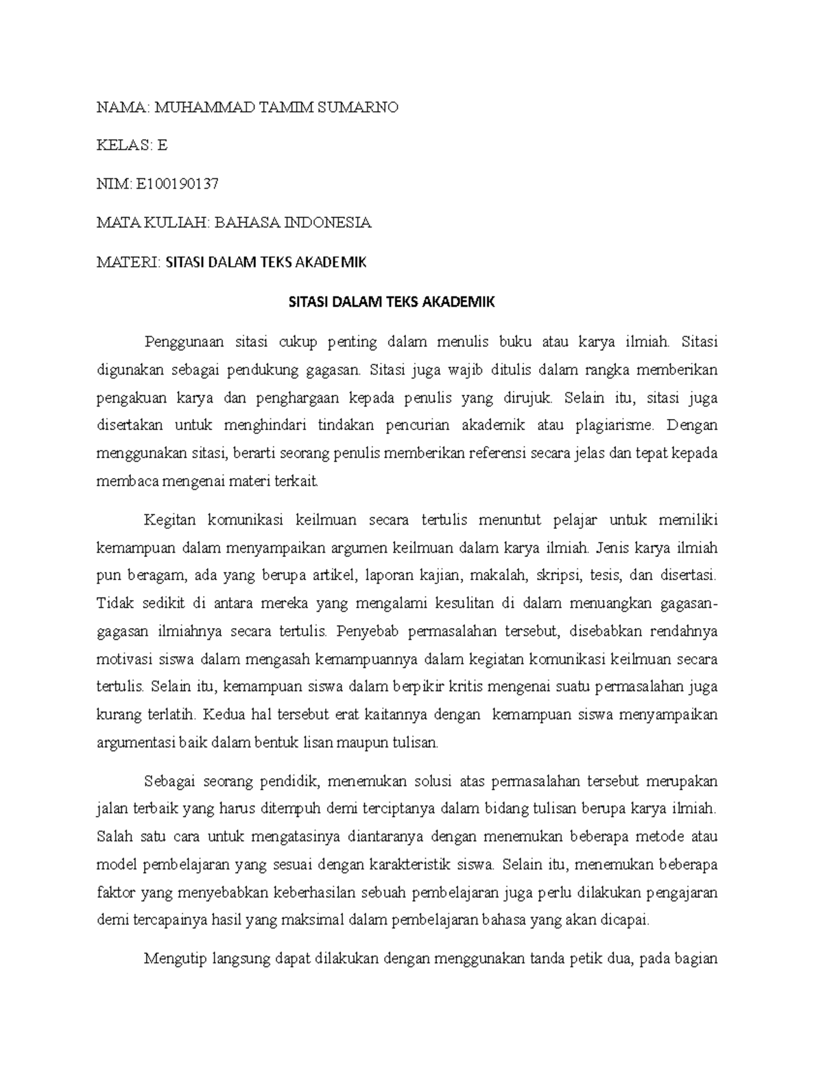 Bahasa Indonesia E Geografi Sitasi Dalam TEKS Akademik - NAMA: MUHAMMAD ...