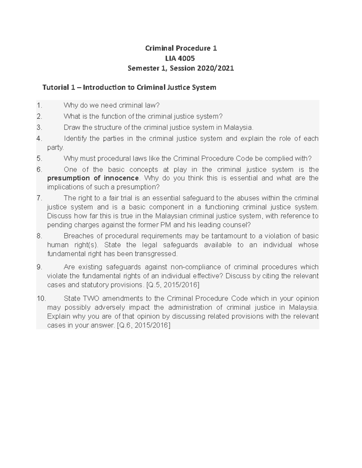 Tutorial Sheet 1 Introduction to the CJS - Criminal Procedure 1 LIA ...