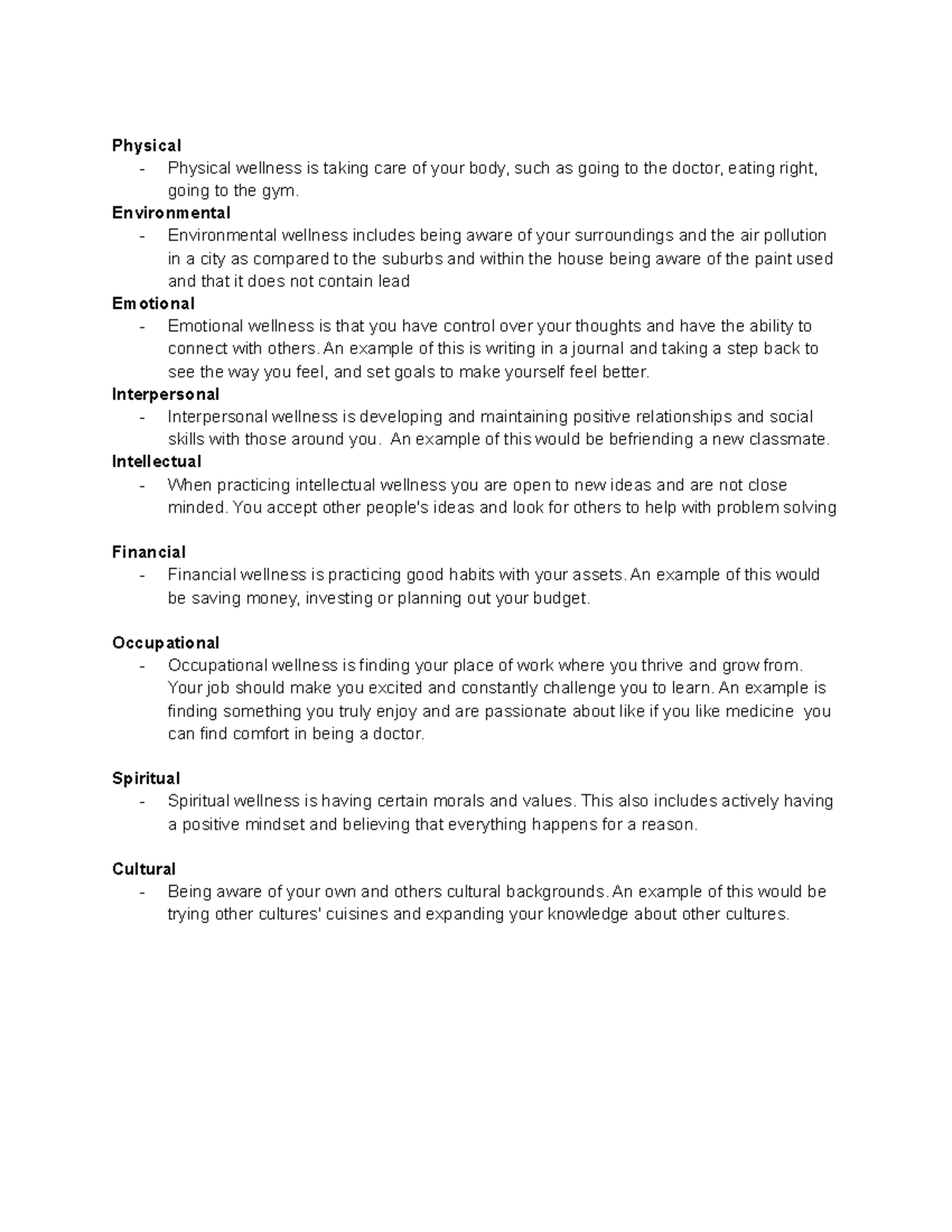 KIN 123 Wellness Physical Physical wellness is taking care of your