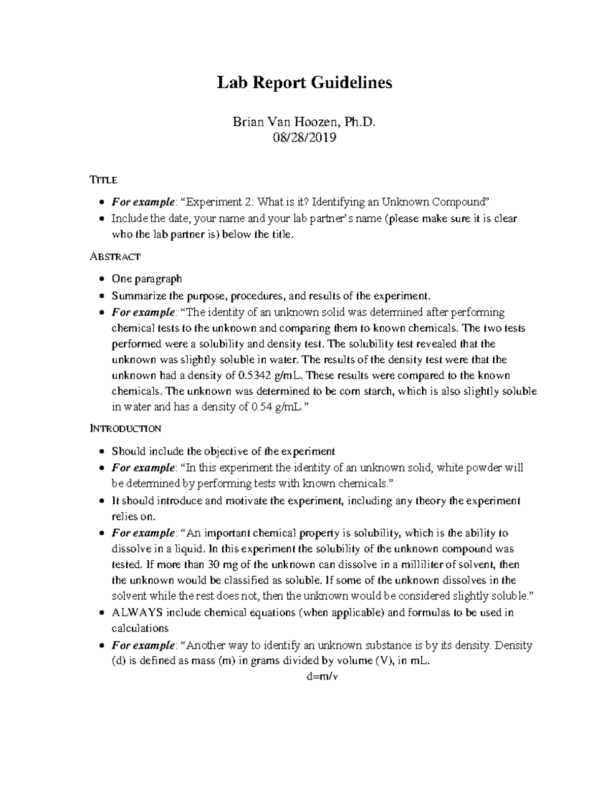 Lab Report Guidelines - Lab Report Guidelines Brian Van Hoozen, Ph. 08 ...