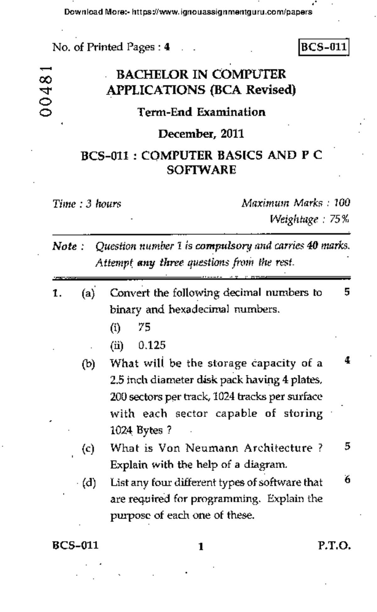 BCS 011 Previous Year Question Papers By Ignouassignmentguru - No. Of ...