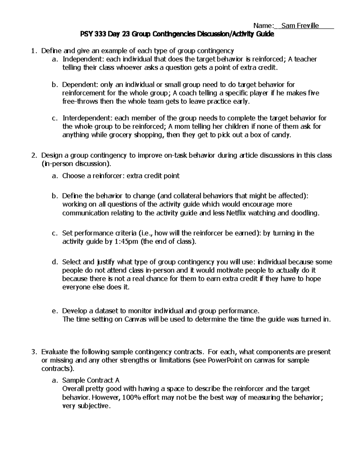 Day 23 Activity Group Contingencies & Contingency Contracting Name