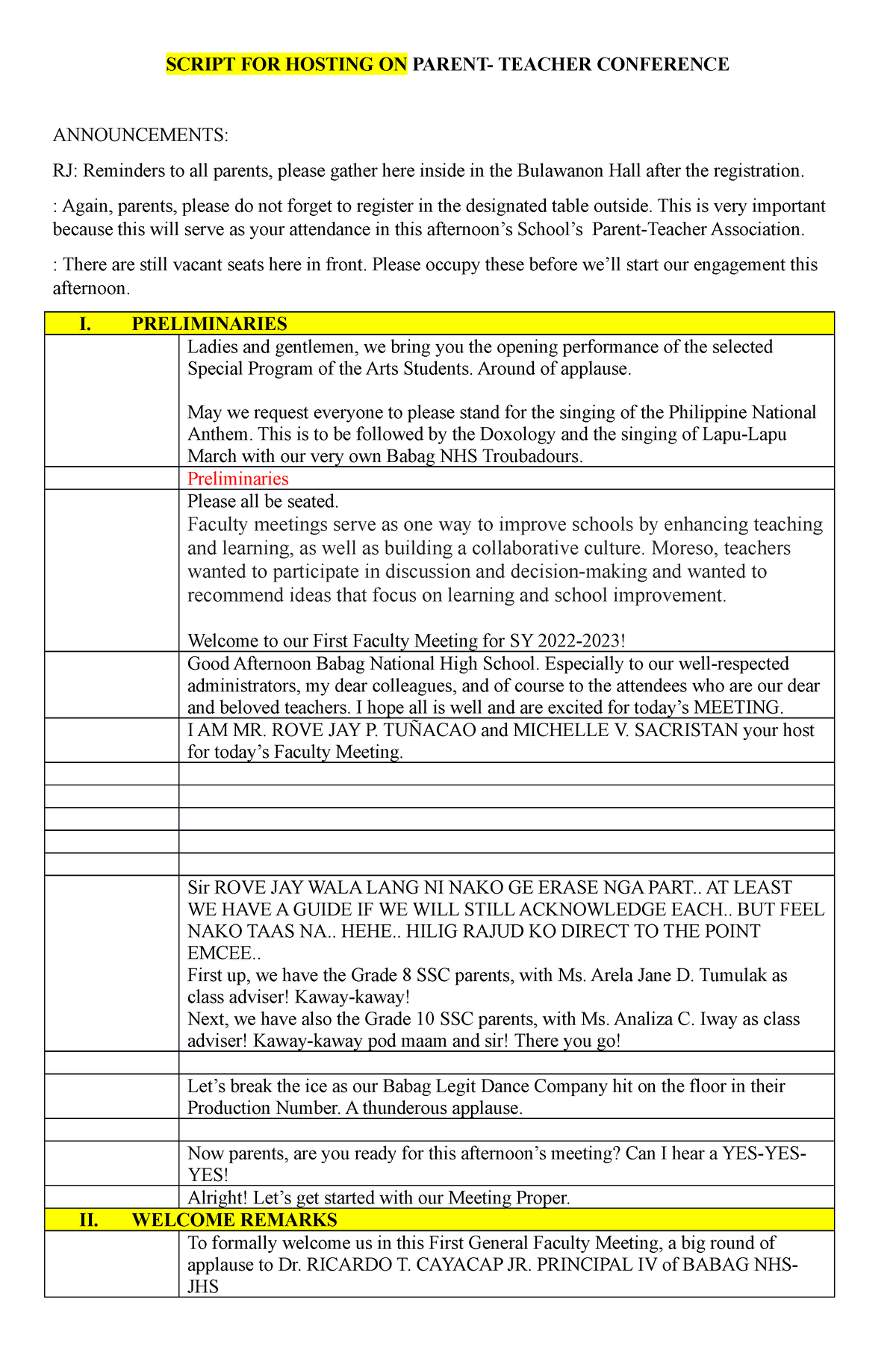 Script FOR Hosting ON PTA Meeting SCRIPT FOR HOSTING ON PARENT 