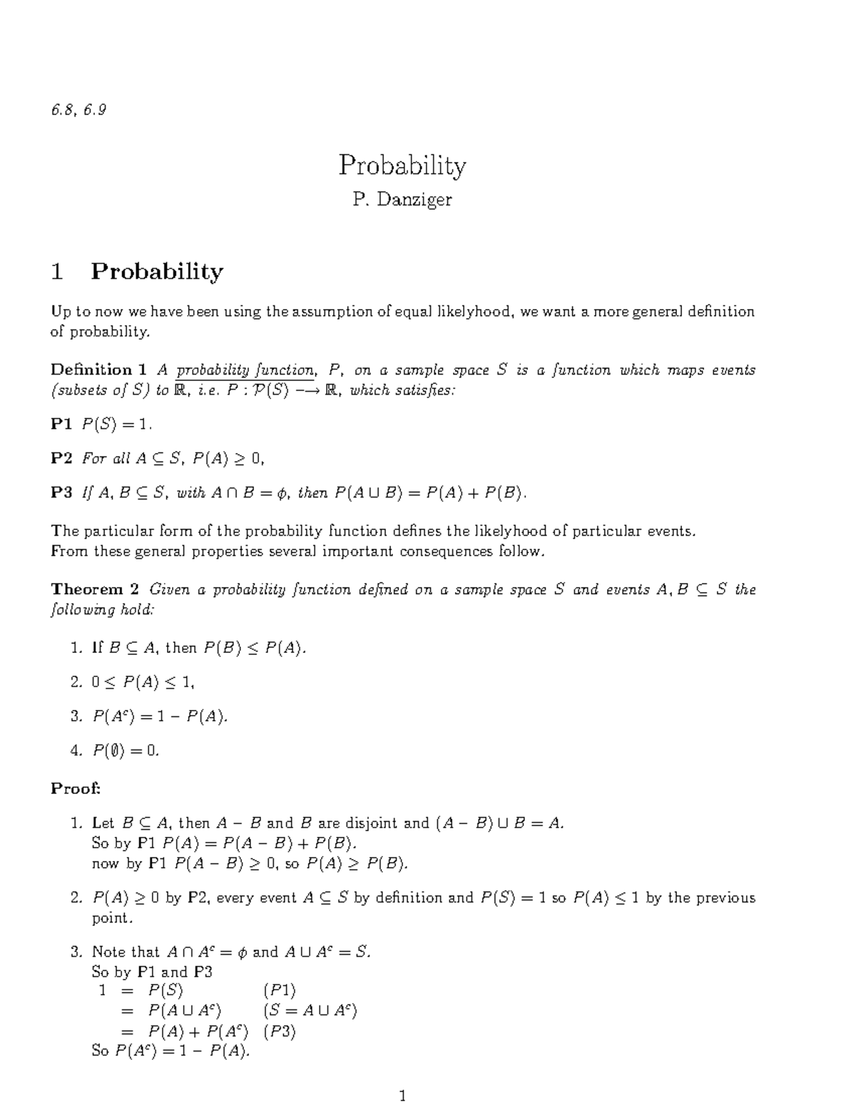 Lecture notes, lecture Probability - 6, 6 Probability P. Danziger 1 ...