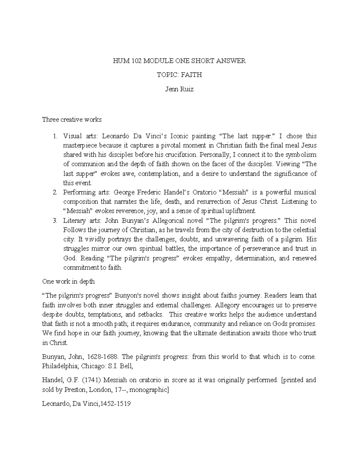 HUM102mod1shortanswer - HUM 102 MODULE ONE SHORT ANSWER TOPIC: FAITH ...