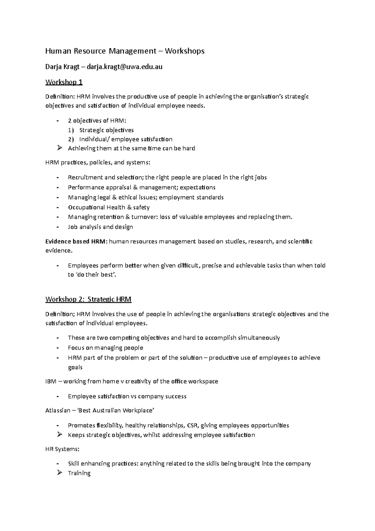 Lecture notes Human Resource Management Darja Kragt