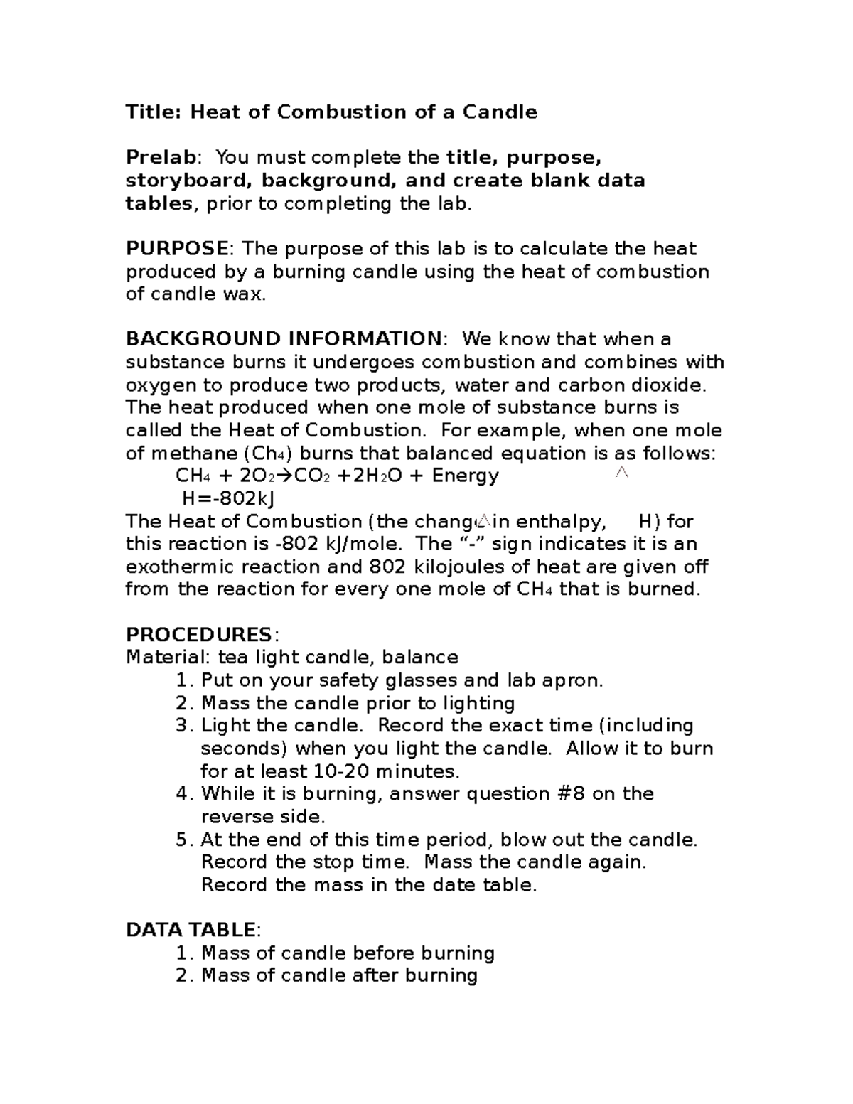 Heat of Combustion of a Candle Prelab Studocu